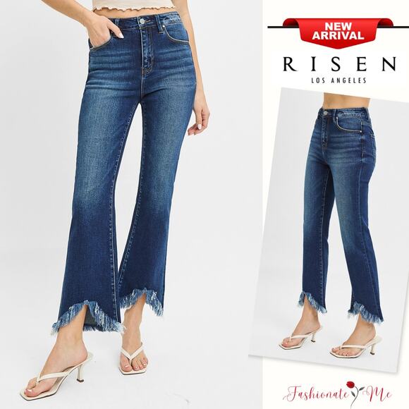 RISEN High Rise Waist Frayed Hem Zipper Fly Dark Wash Crop Bootcut Denim Jeans